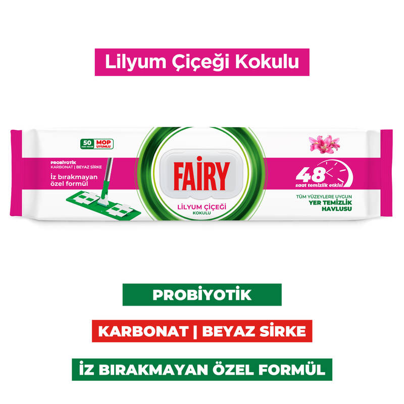 Fairy Power Wipes Mop Uyumlu Yer Temizlik Havlusu 50 Yaprak | Lilyum Çiçeği | 3 Adet