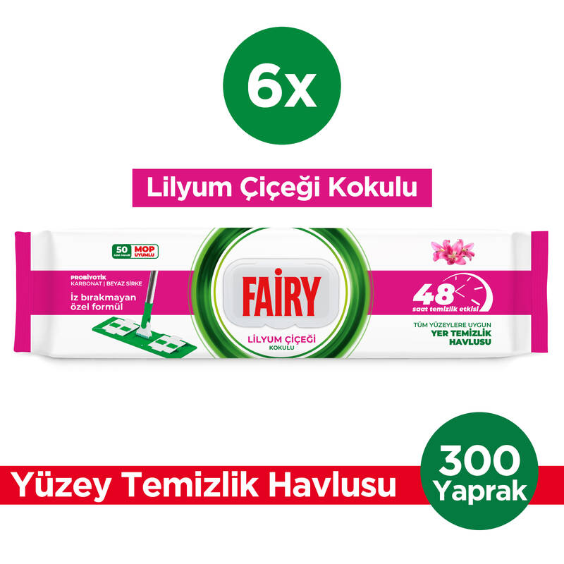 Fairy Power Wipes Mop Uyumlu Yer Temizlik Havlusu 50 Yaprak | Lilyum Çiçeği | 6 Adet