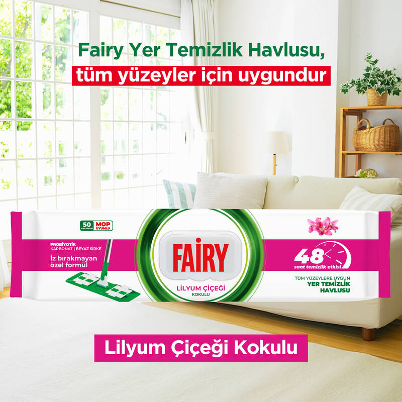 Fairy Power Wipes Mop Uyumlu Yer Temizlik Havlusu 50 Yaprak | Lilyum Çiçeği | 6 Adet