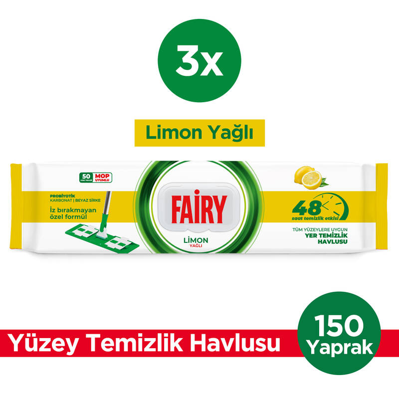 Fairy Power Wipes Mop Uyumlu Yer Temizlik Havlusu 50 Yaprak |Limon Yağlı | 3 Adet