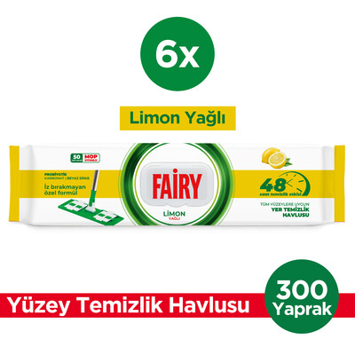 Fairy - Fairy Power Wipes Mop Uyumlu Yer Temizlik Havlusu 50 Yaprak |Limon Yağlı | 6 Adet