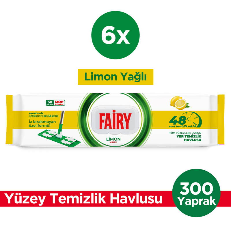 Fairy Power Wipes Mop Uyumlu Yer Temizlik Havlusu 50 Yaprak |Limon Yağlı | 6 Adet