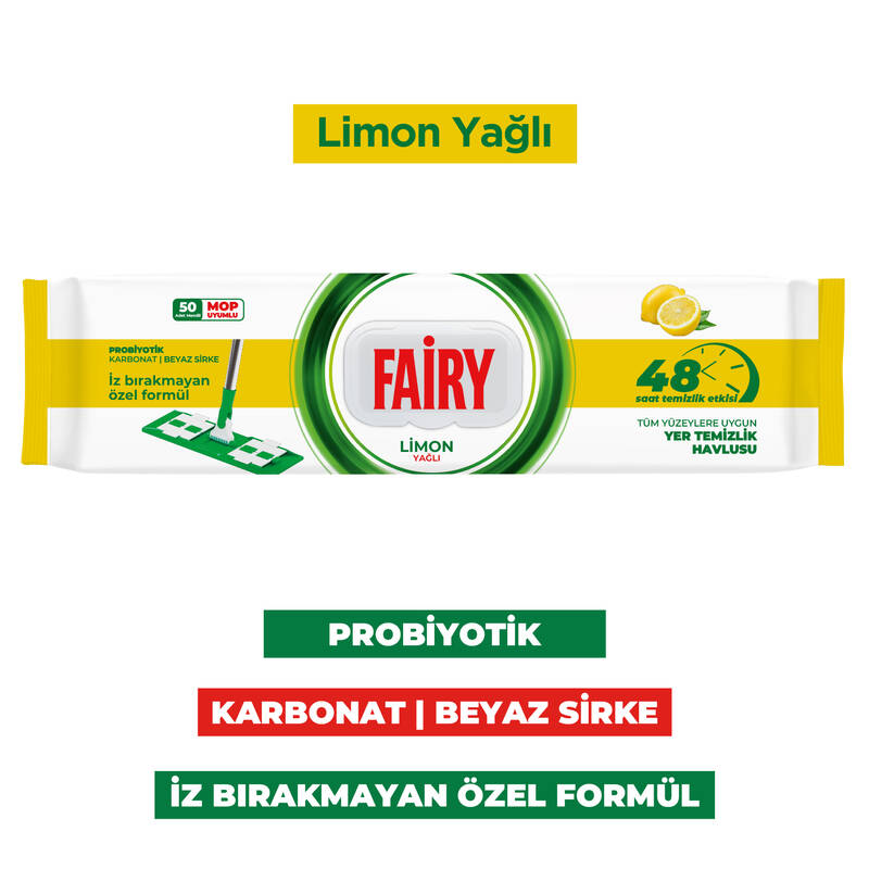 Fairy Power Wipes Mop Uyumlu Yer Temizlik Havlusu 50 Yaprak |Limon Yağlı | 6 Adet