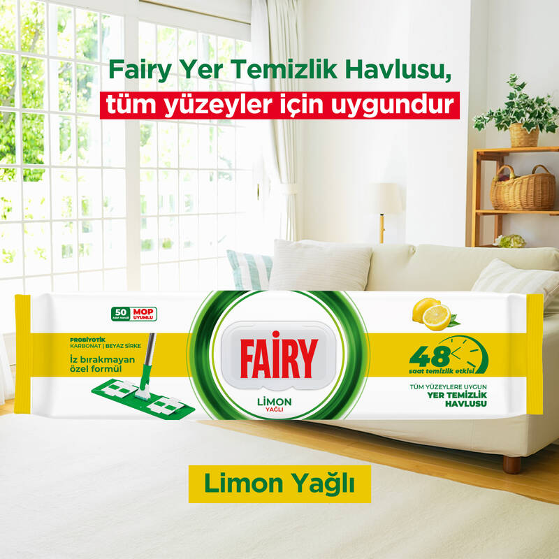 Fairy Power Wipes Mop Uyumlu Yer Temizlik Havlusu 50 Yaprak |Limon Yağlı | 6 Adet
