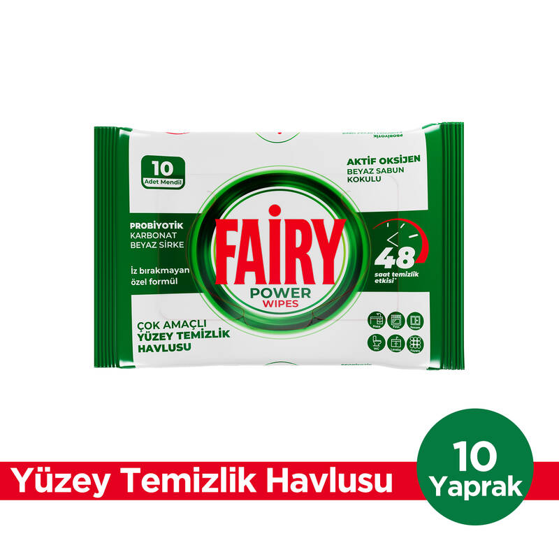 Fairy Power Wipes Yüzey Temizlik Havlusu 10 Yaprak | Beyaz Sabun | Beyaz Sirke & Karbonat