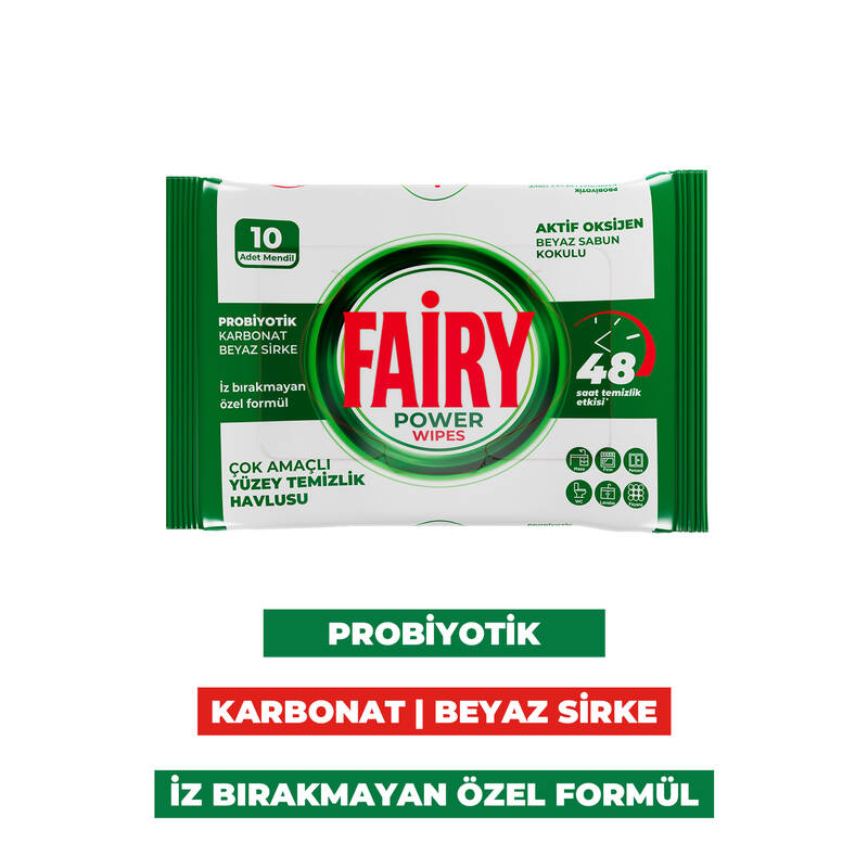 Fairy Power Wipes Yüzey Temizlik Havlusu 10 Yaprak | Beyaz Sabun | Beyaz Sirke & Karbonat