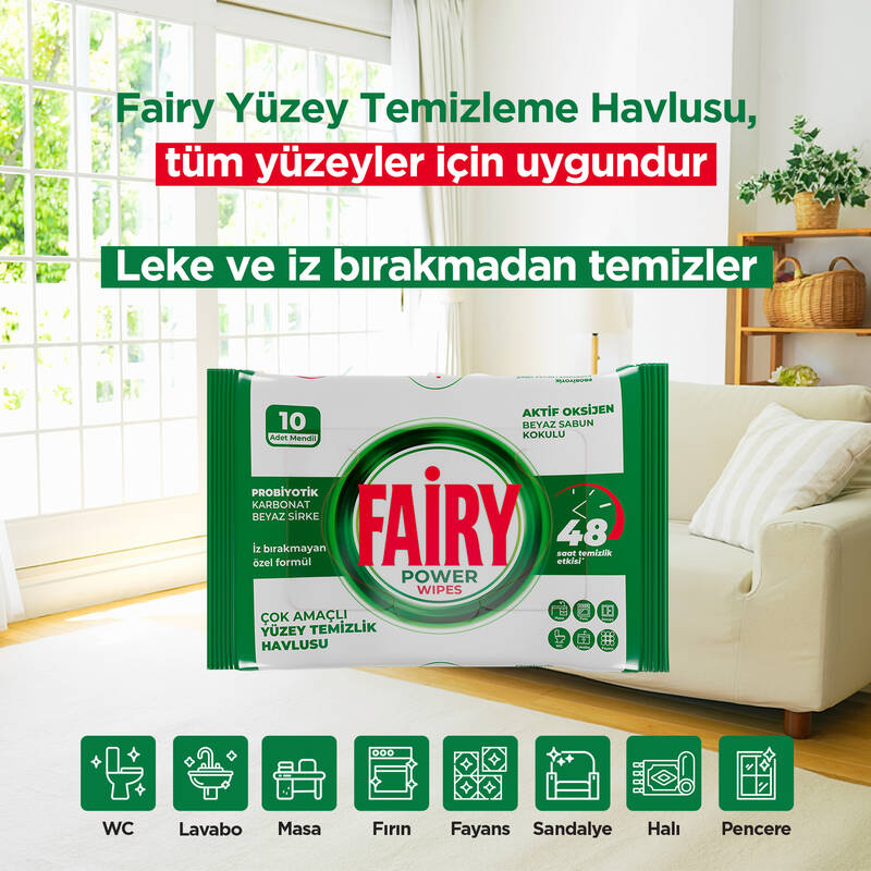 Fairy Power Wipes Yüzey Temizlik Havlusu 10 Yaprak | Beyaz Sabun | Beyaz Sirke & Karbonat