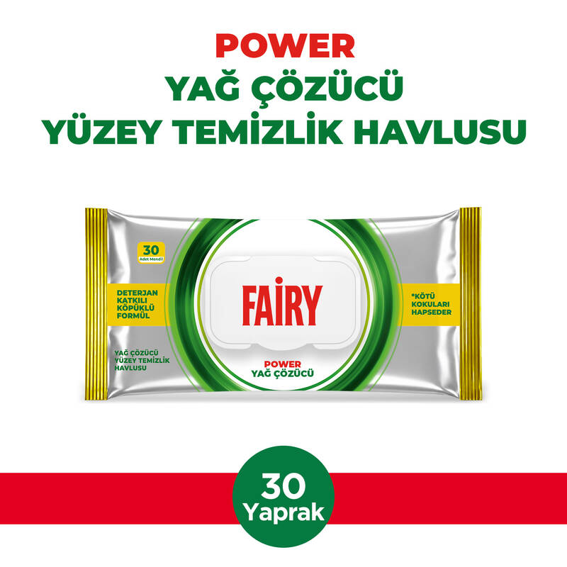 Fairy Power Yağ Sökücü Yüzey Temizlik Havlusu 30 Yaprak | Deterjan Katkılı Köpüklü Formül