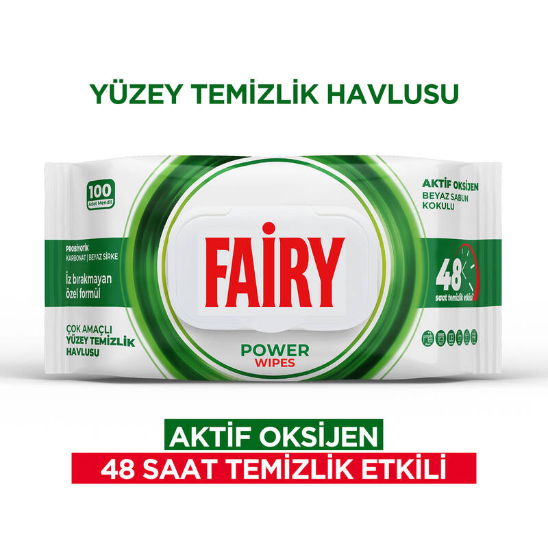 Fairy Power Yüzey Temizleme Mendili 100 Yaprak 12 Adet | Beyaz Sabun | Beyaz Sirke & Karbonat