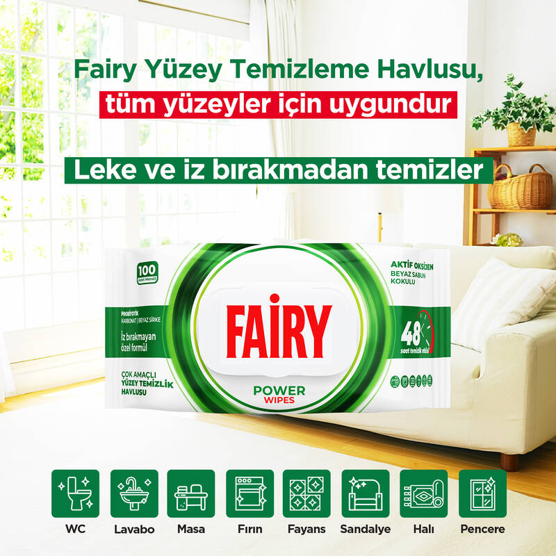 Fairy Power Yüzey Temizleme Mendili 100 Yaprak 12 Adet | Beyaz Sabun | Beyaz Sirke & Karbonat