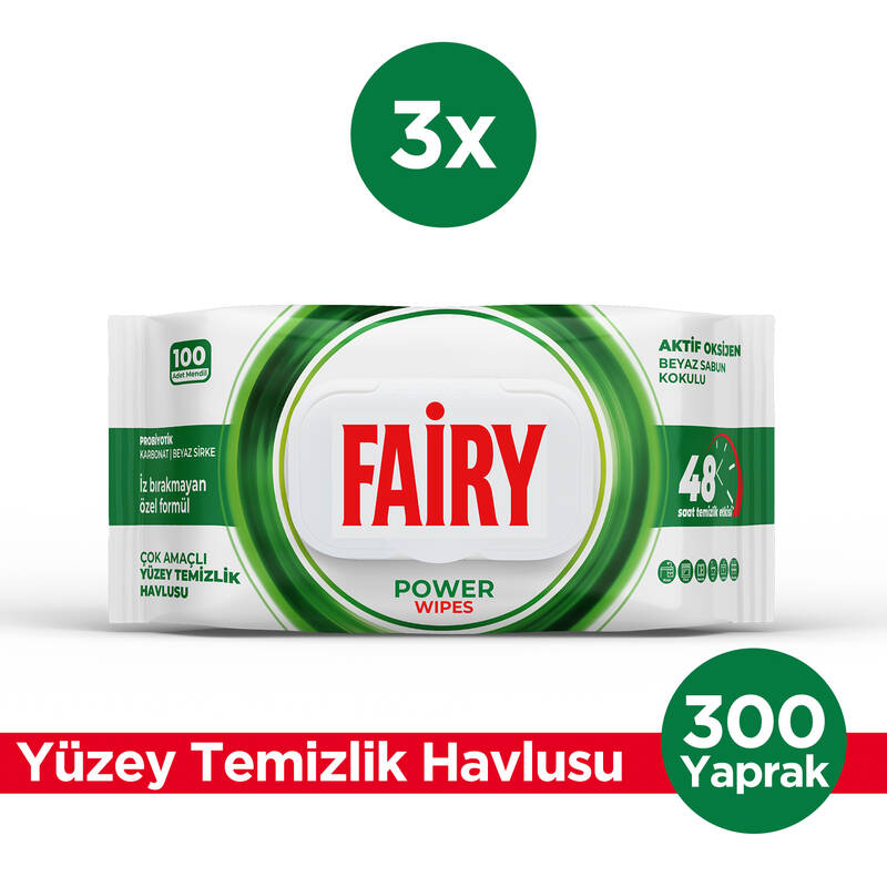 Fairy Power Yüzey Temizleme Mendili 100 Yaprak 3 Adet | Beyaz Sabun | Beyaz Sirke & Karbonat