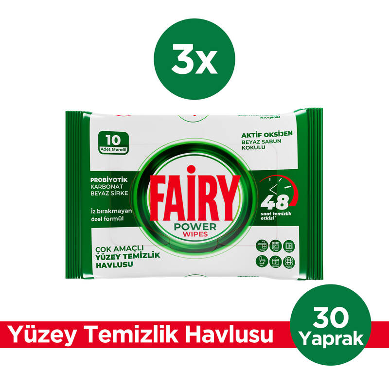 Fairy Yüzey Temizleme Mendili Beyaz Sabun 10 Yaprak 3 Adet | Beyaz Sirke Karbonat