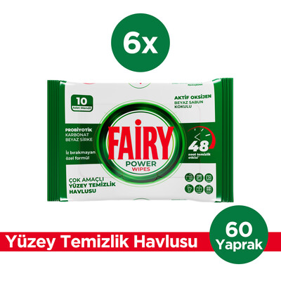 Fairy Yüzey Temizleme Mendili Beyaz Sabun 10 Yaprak 6 Adet | Beyaz Sirke Karbonat - Thumbnail