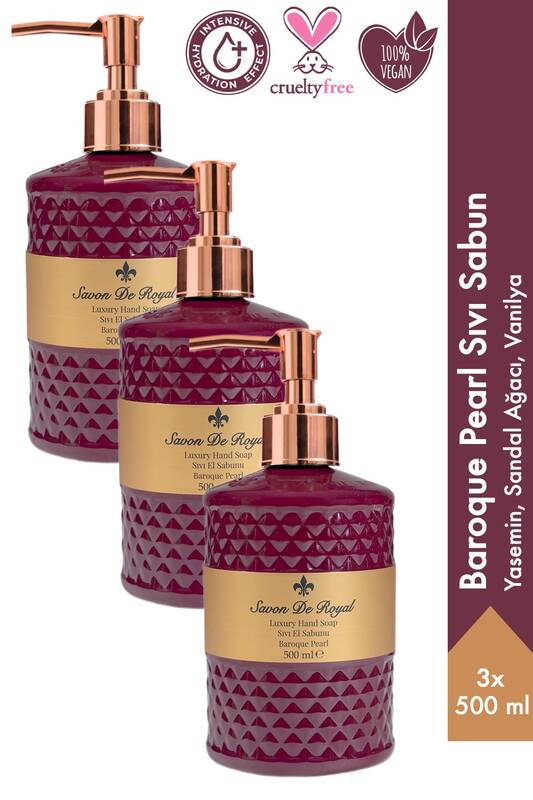 Savon De Royal Baroque Pearl Luxury Sıvı Sabun 500 ml 3 Adet | Yasemin, Sandal Ağacı, Vanilya | Vegan, Nemlendirici