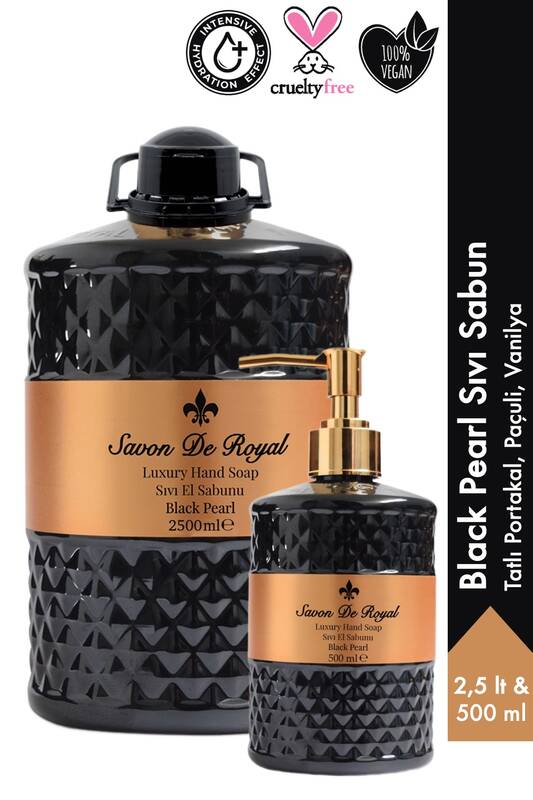 Savon De Royal Black Pearl Luxury Sıvı Sabun 2,5 lt & 500 ml | Portakal, Paçuli, Vanilya | Vegan, Nemlendirici