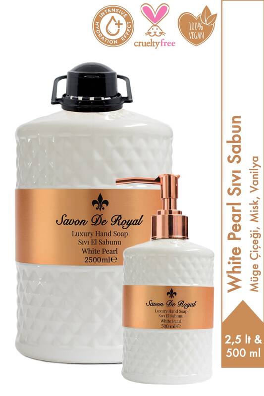Savon De Royal White Pearl Luxury Sıvı Sabun 2,5 lt & 500 ml | Müge Çiçeği, Misk, Vanilya | Vegan, Nemlendirici