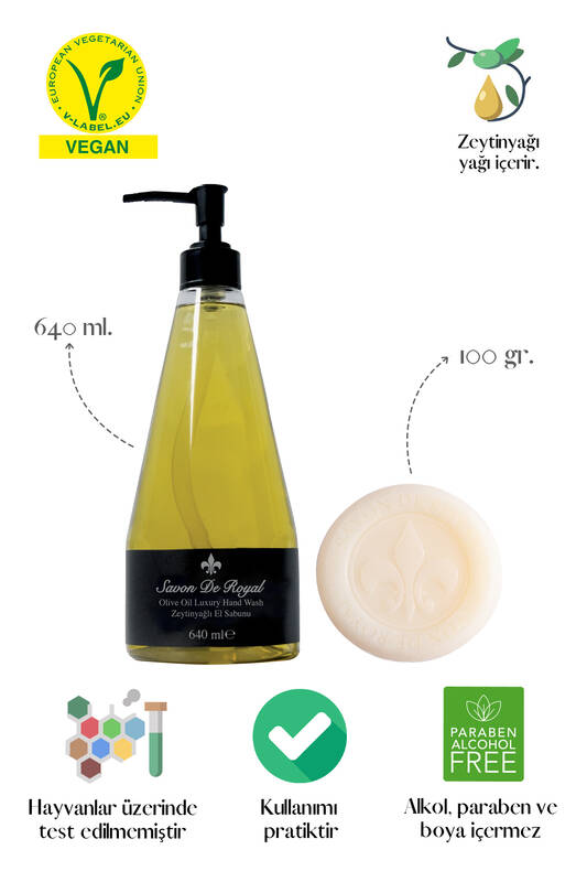 Savon De Royal Zeytinyağlı Luxury Vegan Sıvı Sabun 640 ml & Bitkisel Katı Sabun Zeytinyağlı 100 gr